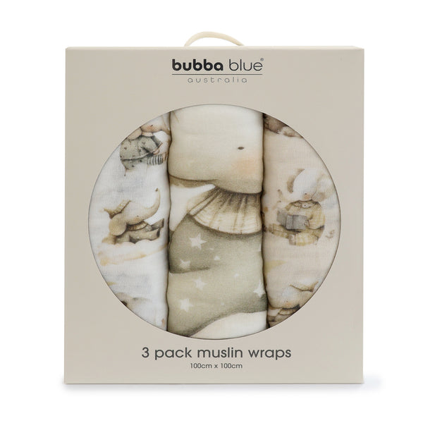 Elephant Bedtime 3pk Muslin Wraps