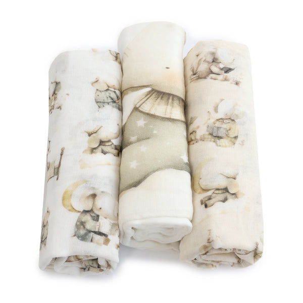 Elephant Bedtime 3pk Muslin Wraps