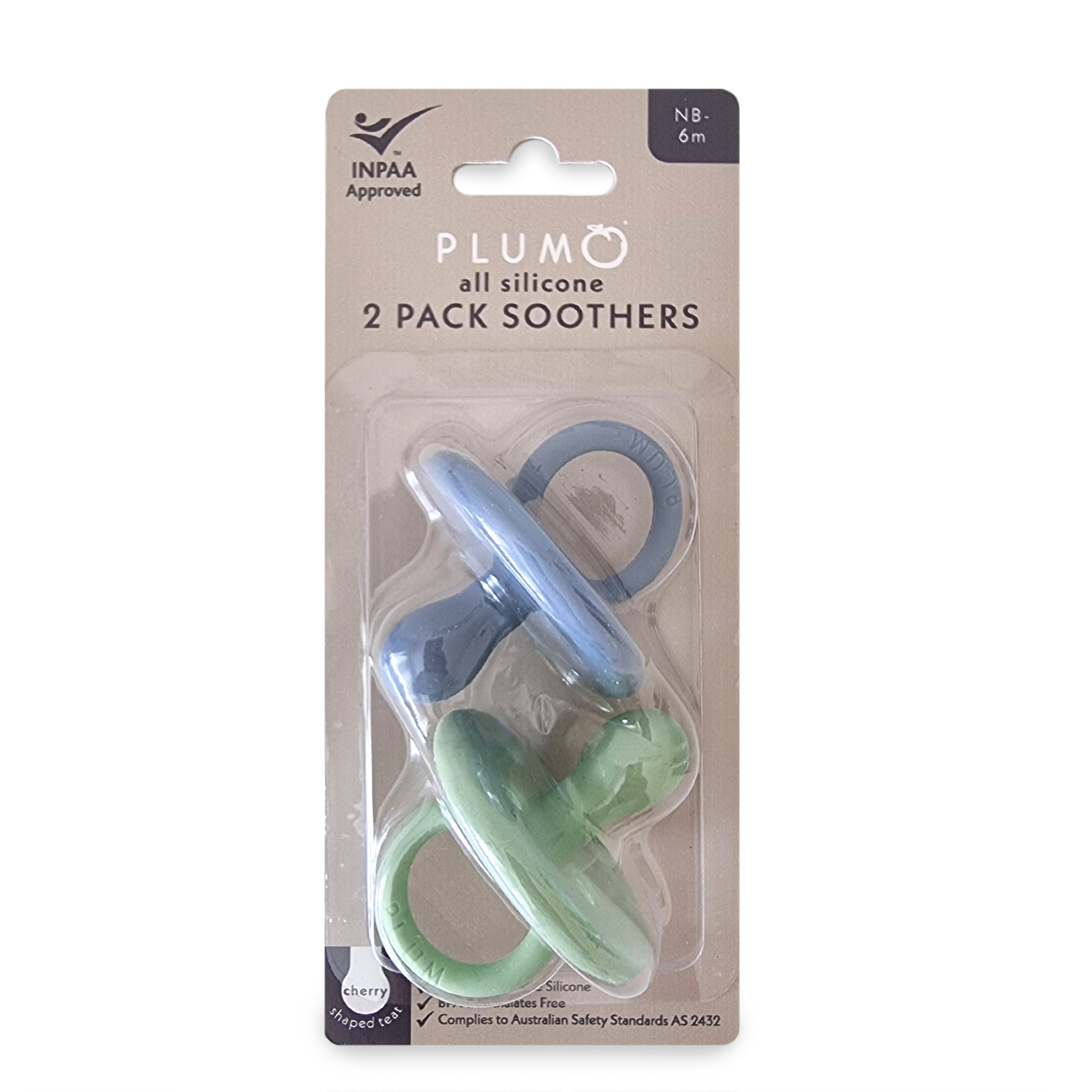 PLUM 2pk Silicone Soothers - Olive & Steel Blue (0-6M)
