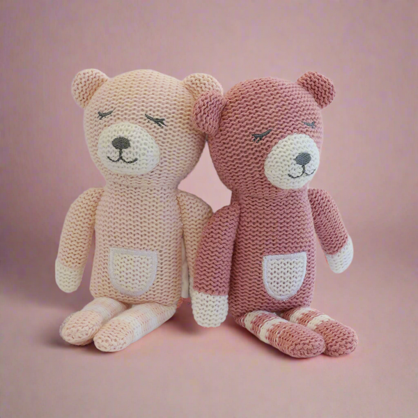 Nordic 2pk Knit Baby Rattles Dusty Berry/Rose Bear