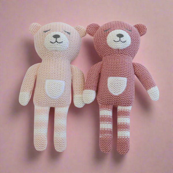 Nordic 2pk Knit Baby Rattles Dusty Berry/Rose Bear