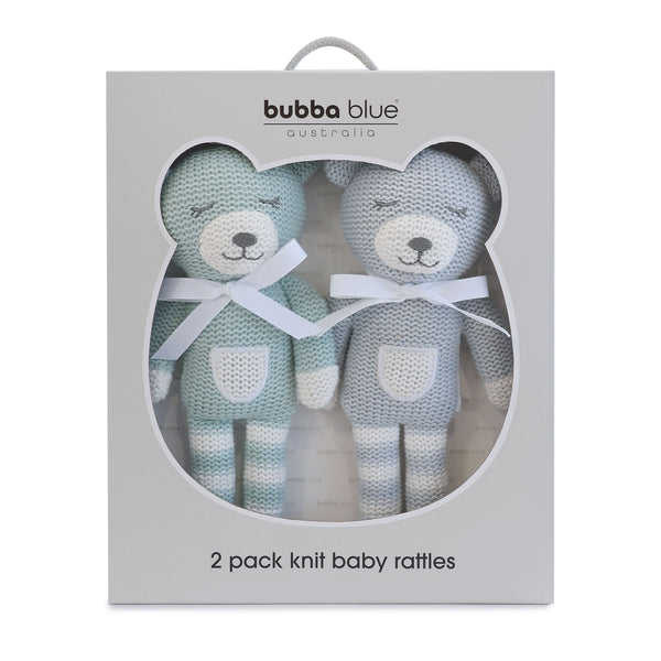 Nordic 2pk Knit Baby Rattles Dusty Sky/Mint Bear