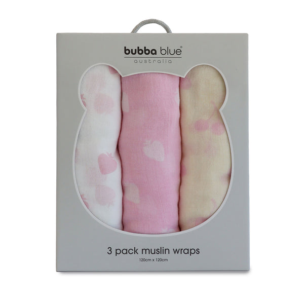 Nordic Sorbet 3pk Muslin Wraps Strawberry/Cherry