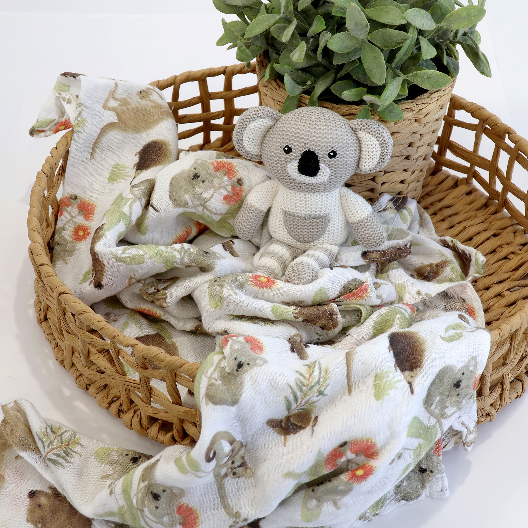 Aussie Animals Koala Muslin Swaddle Wrap and Knit Rattle Toy Gift Set