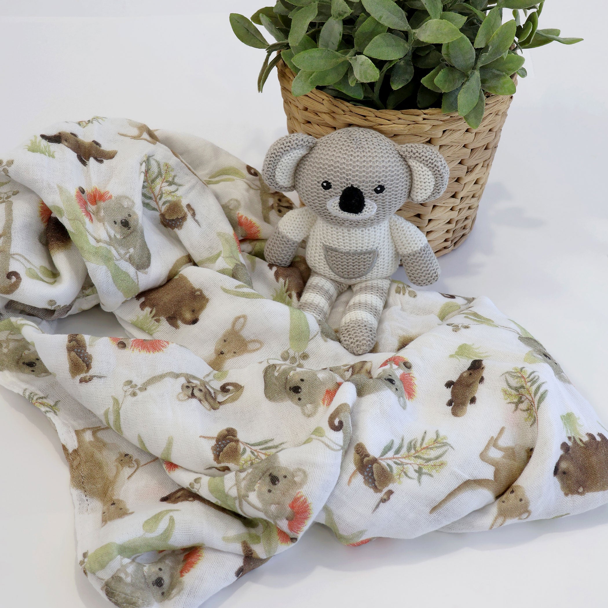 Aussie Animals Koala Muslin Swaddle Wrap and Knit Rattle Toy Gift Set