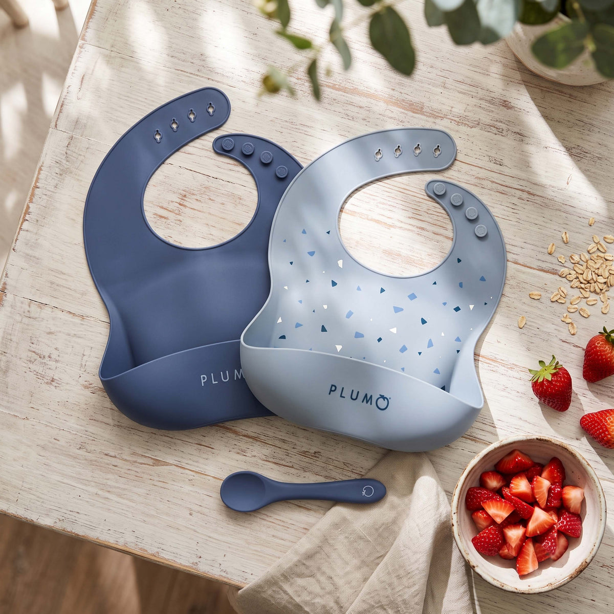 PLUM 3 Piece Silicone Bib and Spoon Set - Steel Blue/Denim - Bubba Blue Australia