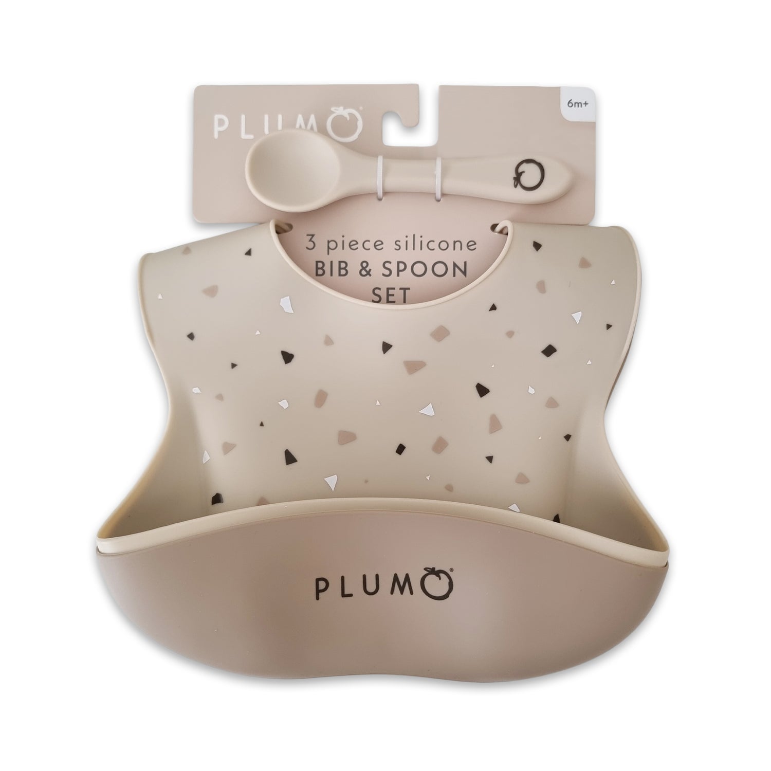 PLUM 3 Piece Silicone Bib and Spoon Set - Ash/Sand - Bubba Blue Australia