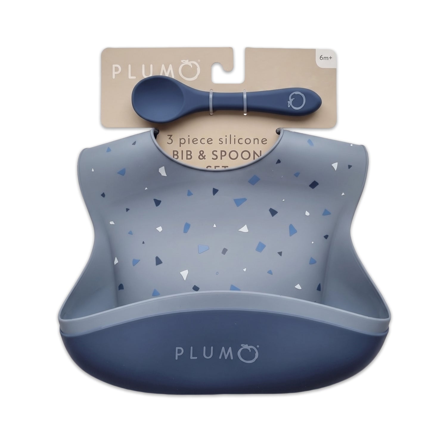 PLUM 3 Piece Silicone Bib and Spoon Set - Steel Blue/Denim - Bubba Blue Australia