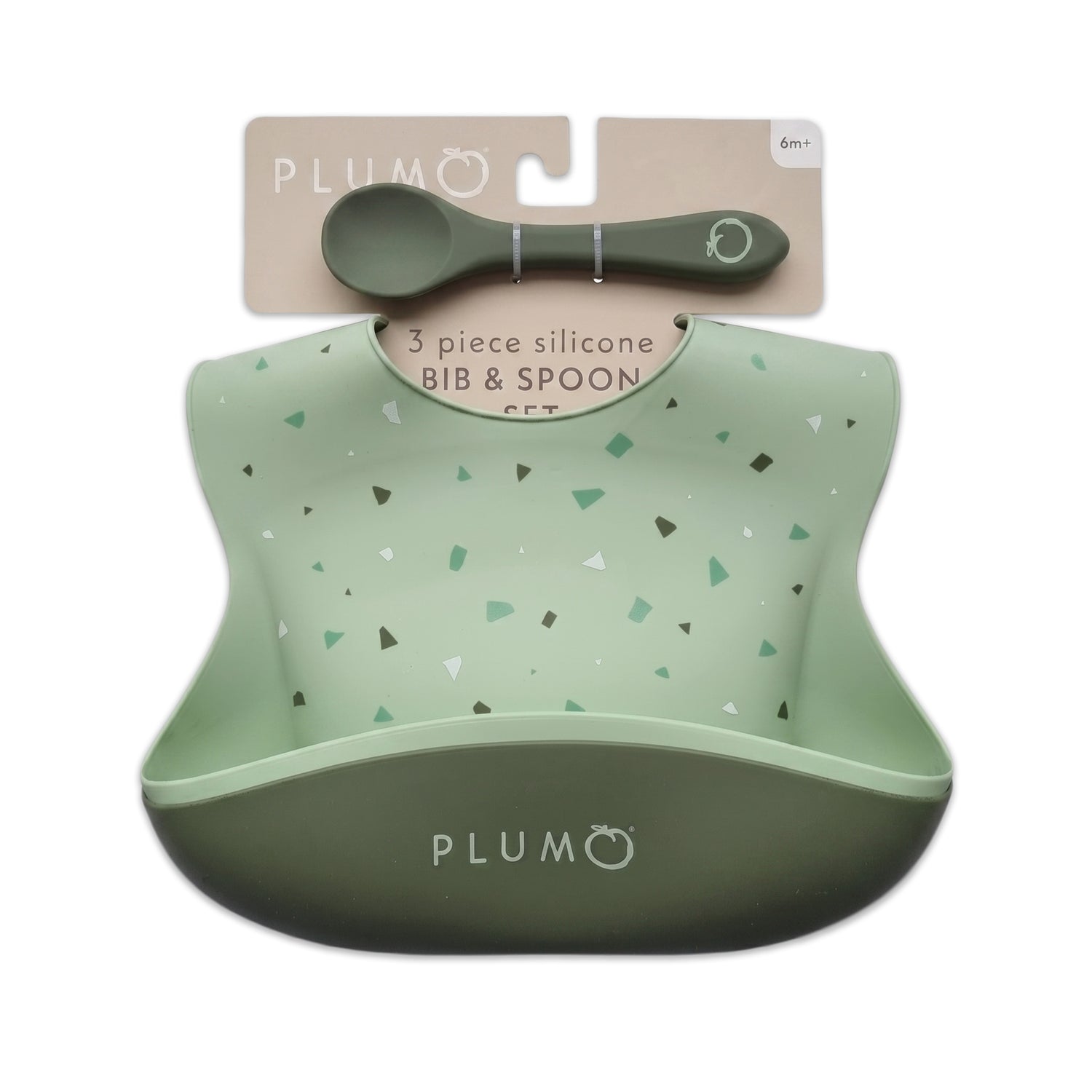 PLUM 3 Piece Silicone Bib and Spoon Set - Olive/Pesto - Bubba Blue Australia