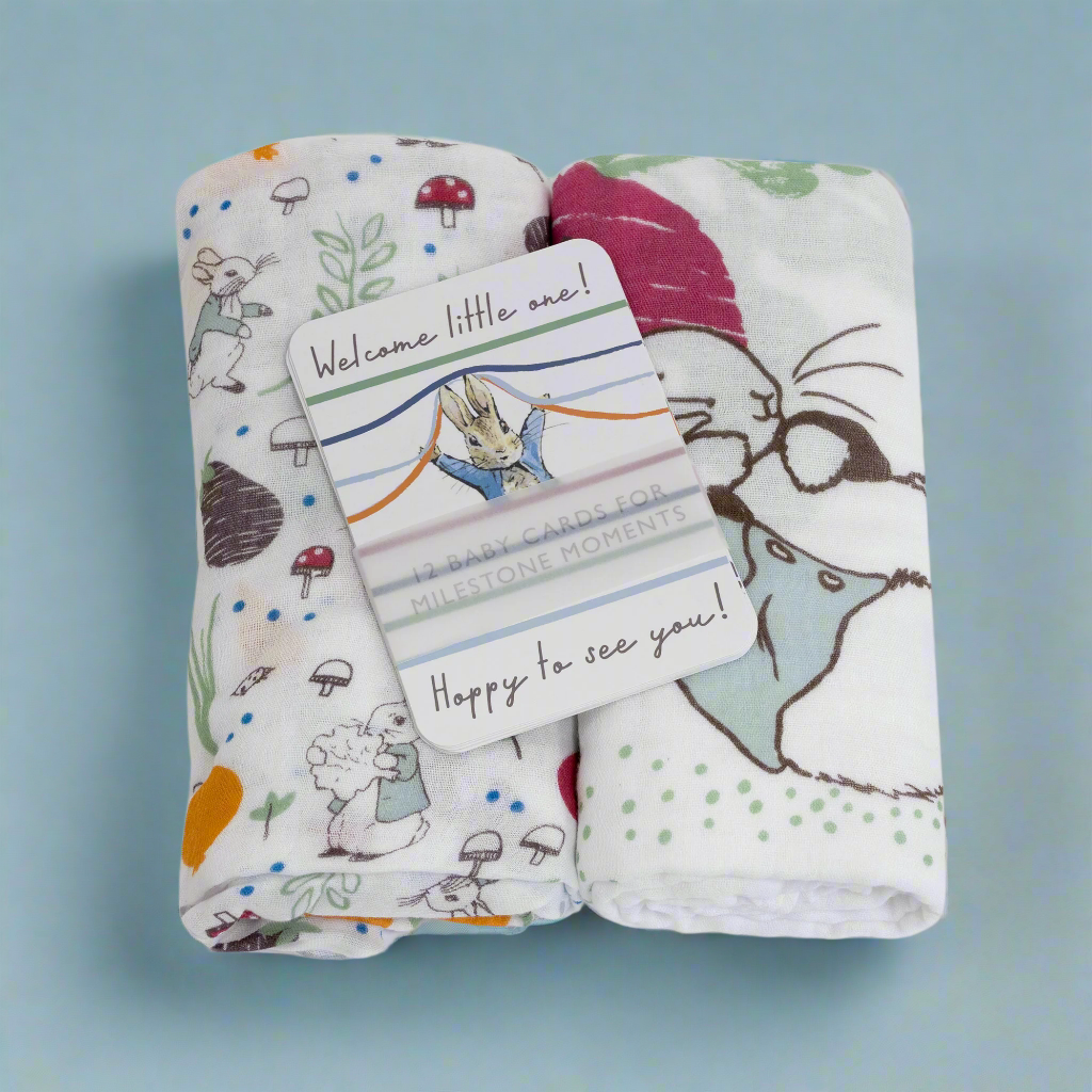 Peter Rabbit 'New Adventure' 2PK Muslin Wraps & Milestone Cards Set - Blue