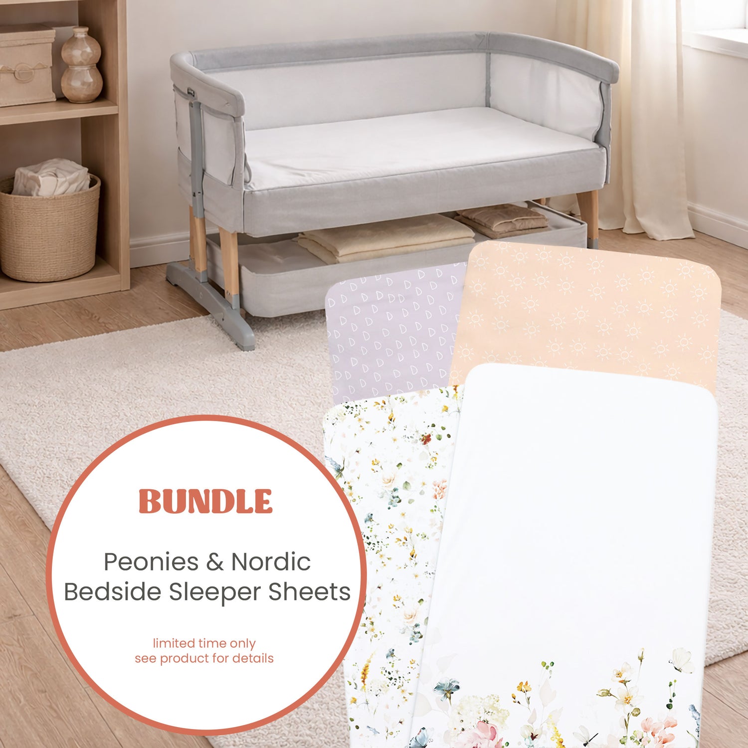 4x Jersey Bedside Sleeper Fitted Sheets Bundle - Peonies & Nordic Peach/Lilac