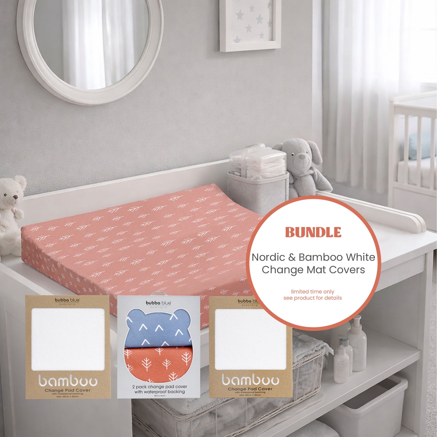 4x Waterproof Change Pad Covers Bundle - Nordic Denim/Clay and Bamboo White