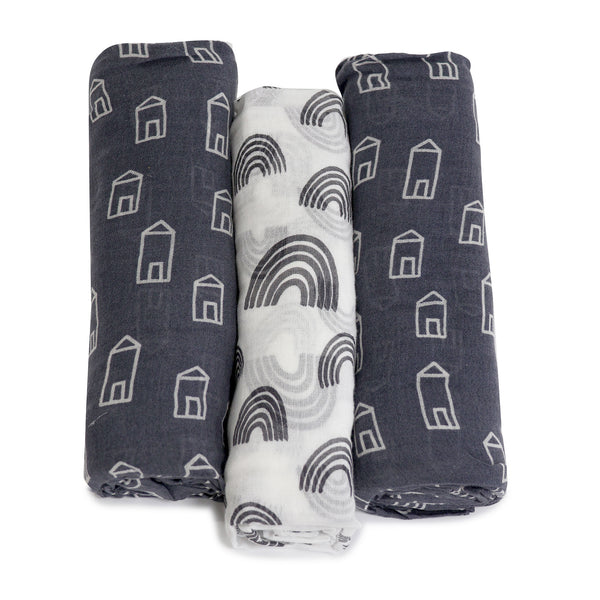 Nordic Muslin Wraps & Pram Clips Bundle - Charcoal/White