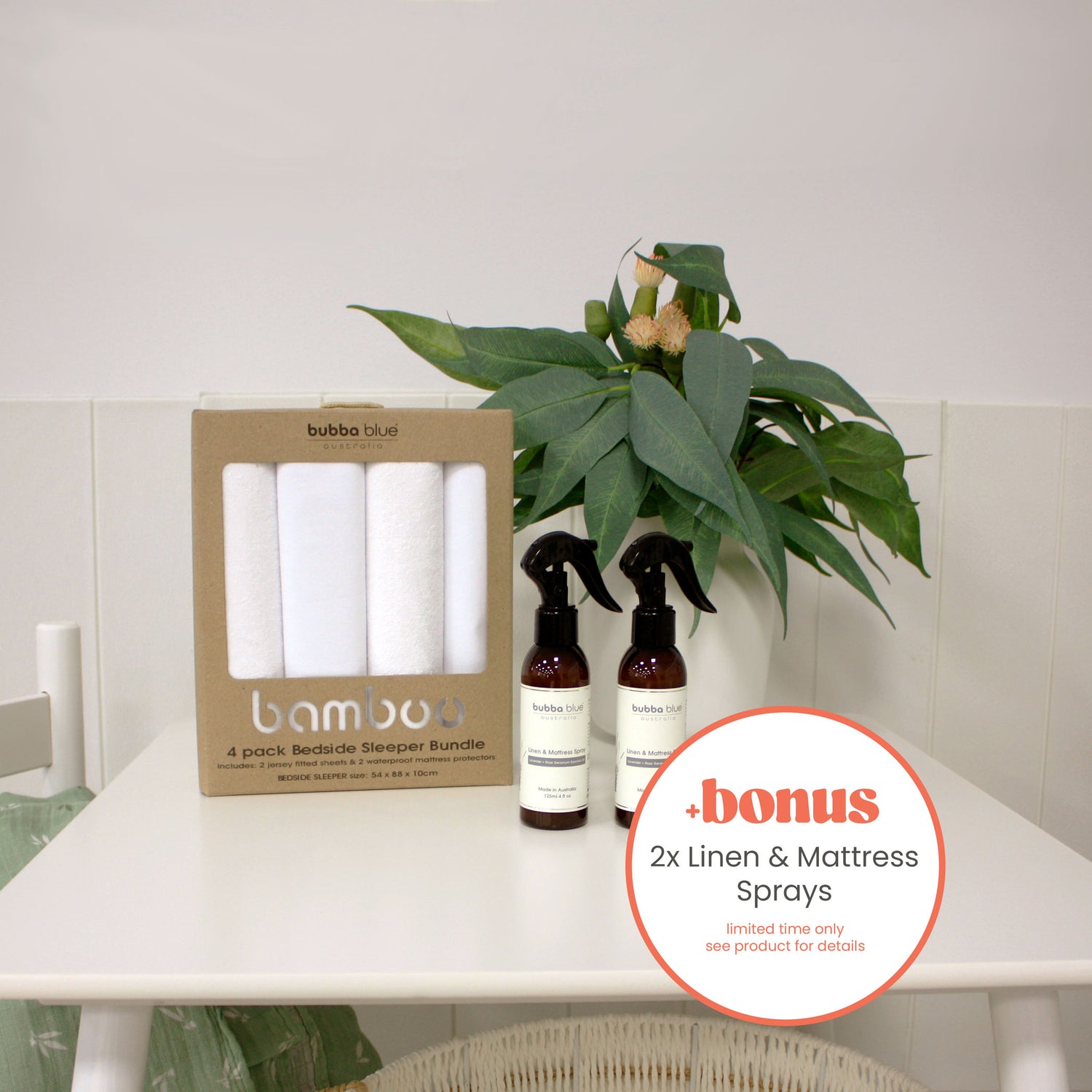 Bamboo White Co Sleeper/Bedside Sleeper 2x Fitted Sheet & 2x Mattress Protector Bundle plus Free Linen Spray