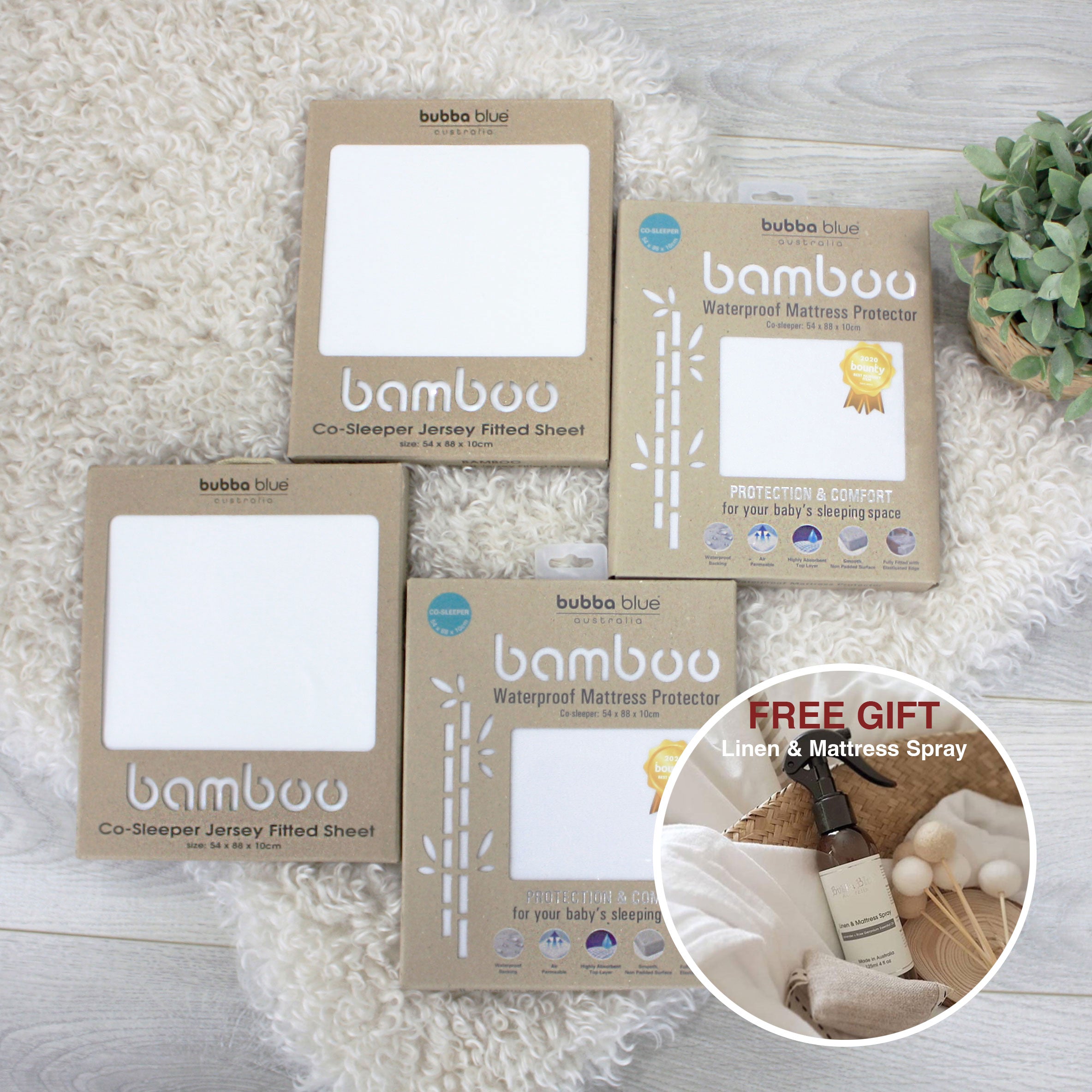 Bamboo White Co Sleeper/Bedside Sleeper 2x Fitted Sheet & 2x Mattress Protector Bundle plus Free Linen Spray