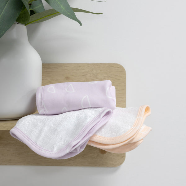 Nordic Peach/Lilac Bundle - Hooded Towel, Change Mat Cover, Face Washer, Jersey Wrap, Security Blanket