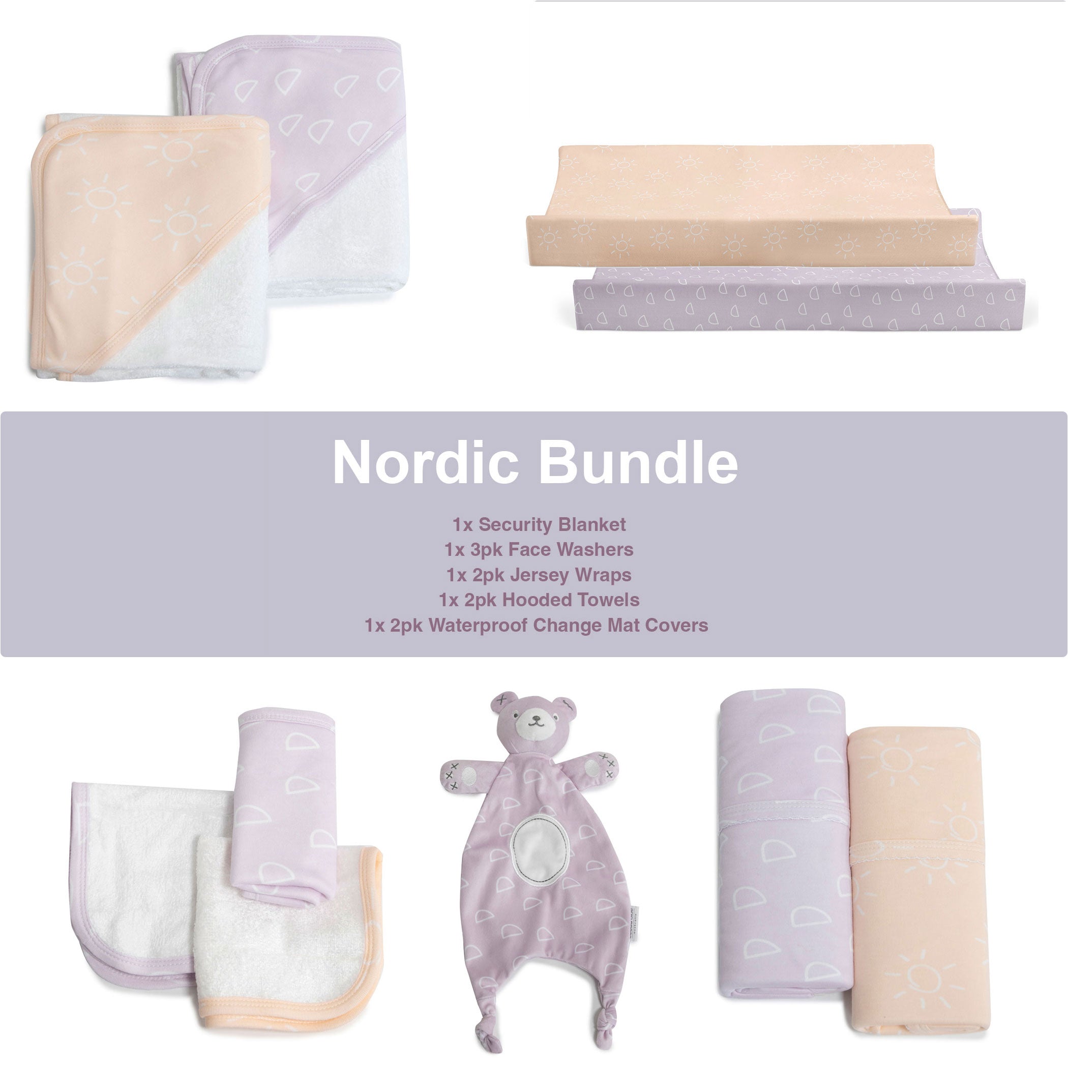 Nordic Peach/Lilac Bundle - Hooded Towel, Change Mat Cover, Face Washer, Jersey Wrap, Security Blanket