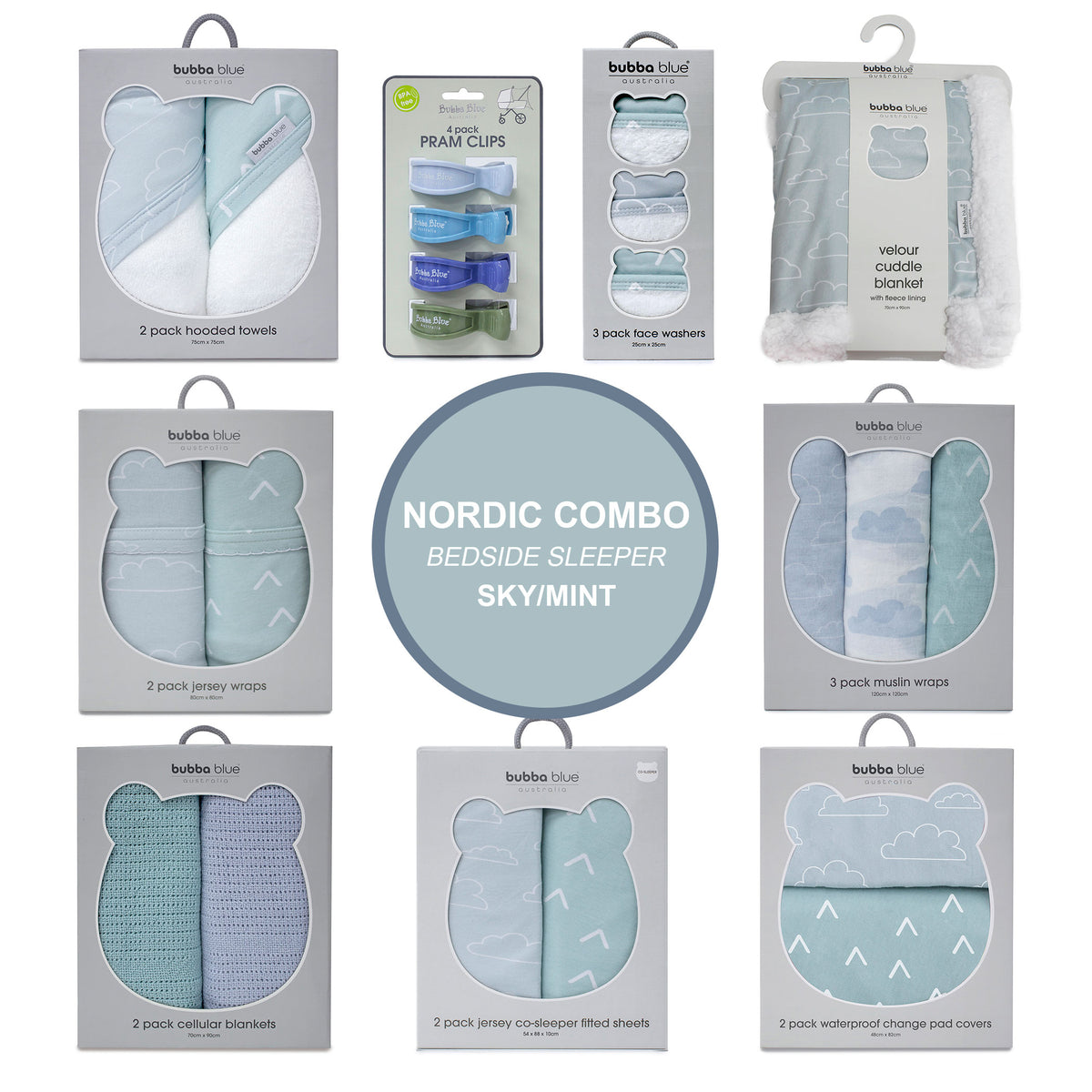 Nordic Co Sleeper/Bedside Sleeper Combo - Sky/Mint - Bubba Blue Australia