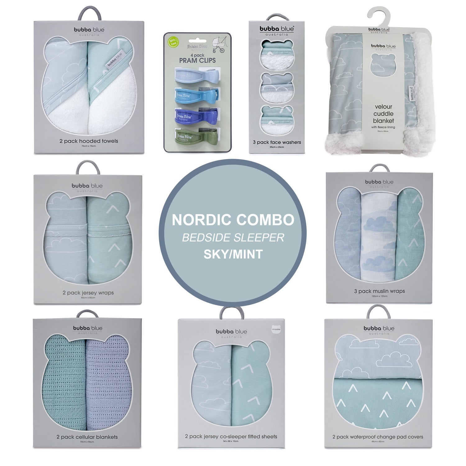 Nordic Co Sleeper/Bedside Sleeper Combo - Sky/Mint - Bubba Blue Australia