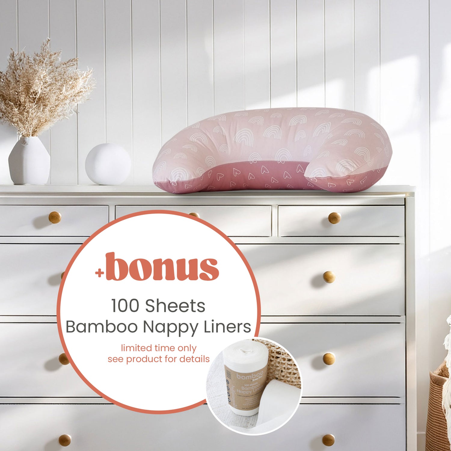 Nordic Nursing Pillow Berry/Rose Plus FREE Bamboo 100 Sheets Nappy Liners