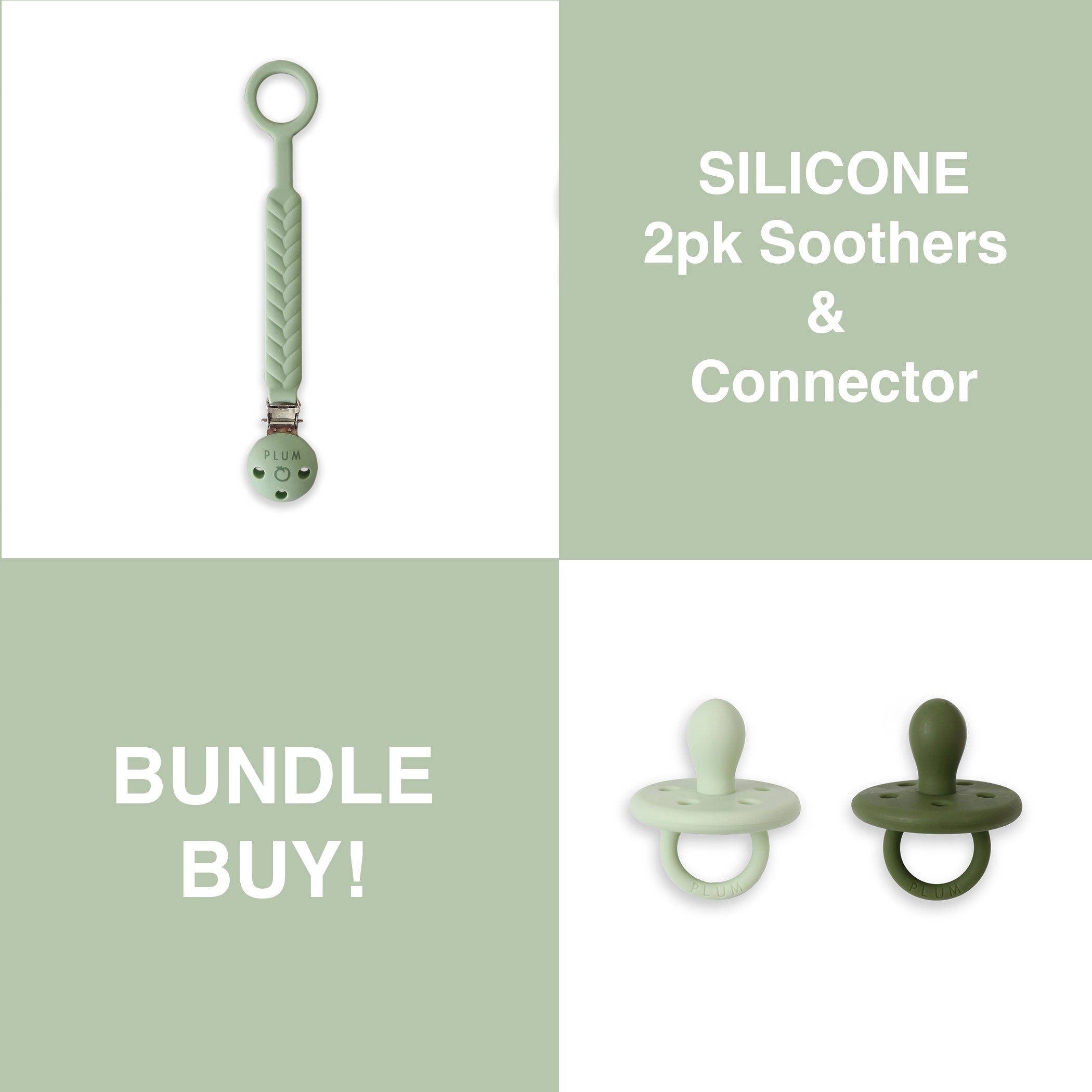 PLUM Silicone Soothers & Connector Bundle - Olive (0-6M)