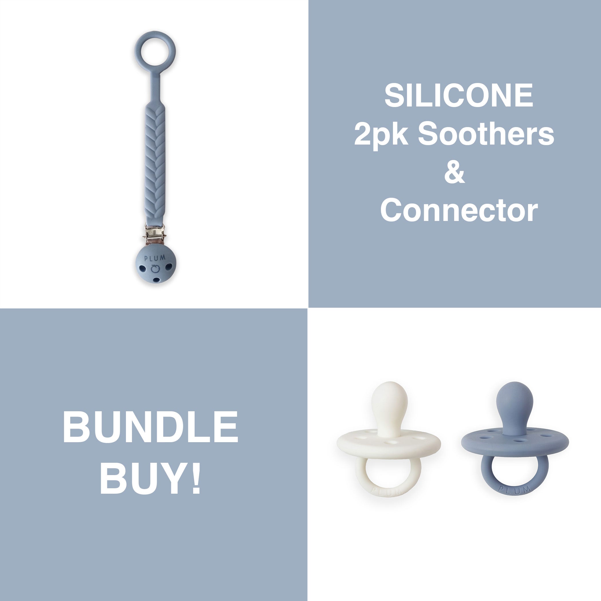 PLUM Silicone Soothers & Connector Bundle - Steel Blue (0-6M)