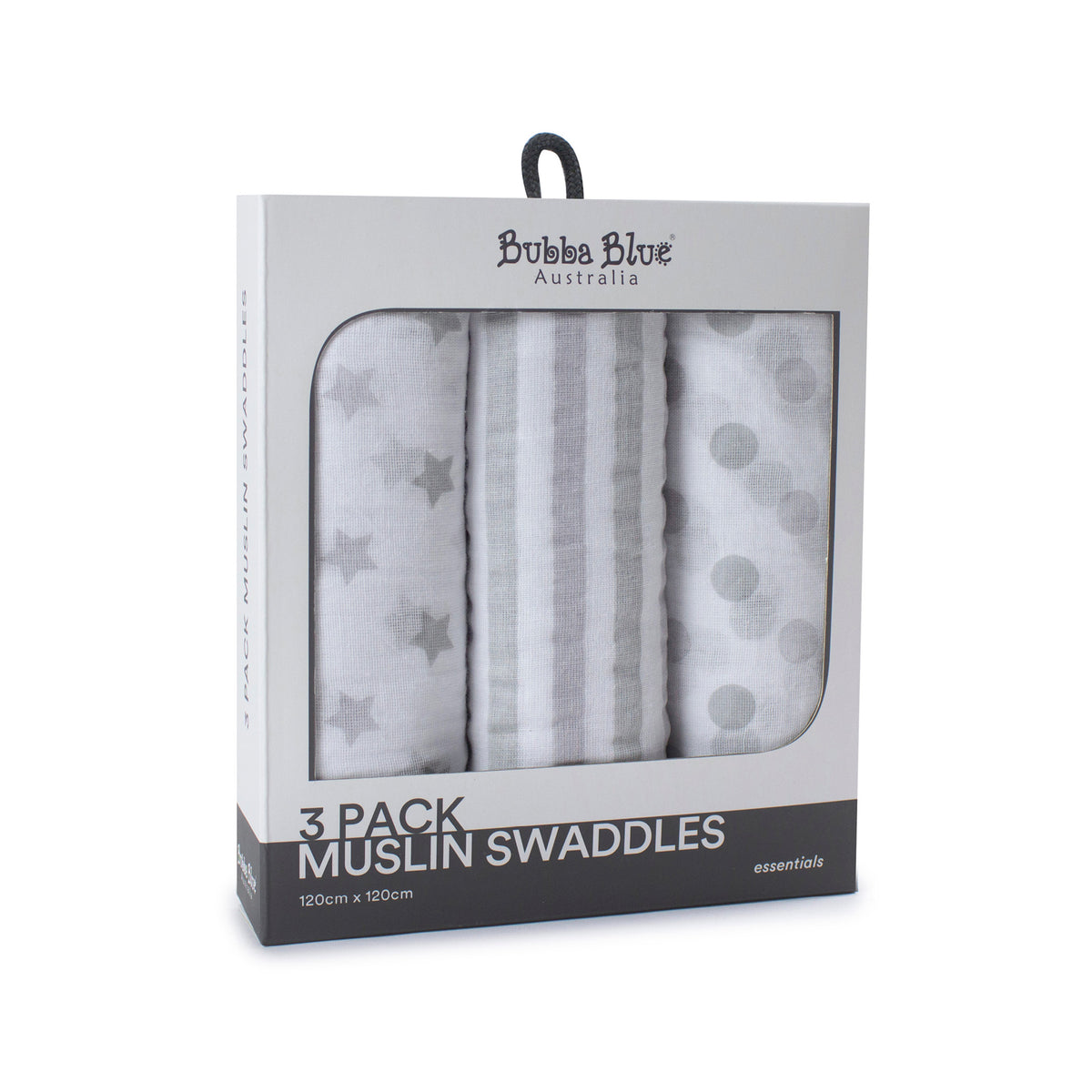 Everyday Essentials 3 Pack Muslin Swaddle Wraps - Grey - Bubba Blue Australia