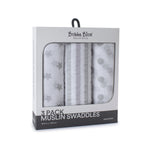 Everyday Essentials 3 Pack Muslin Swaddle Wraps - Grey - Bubba Blue Australia