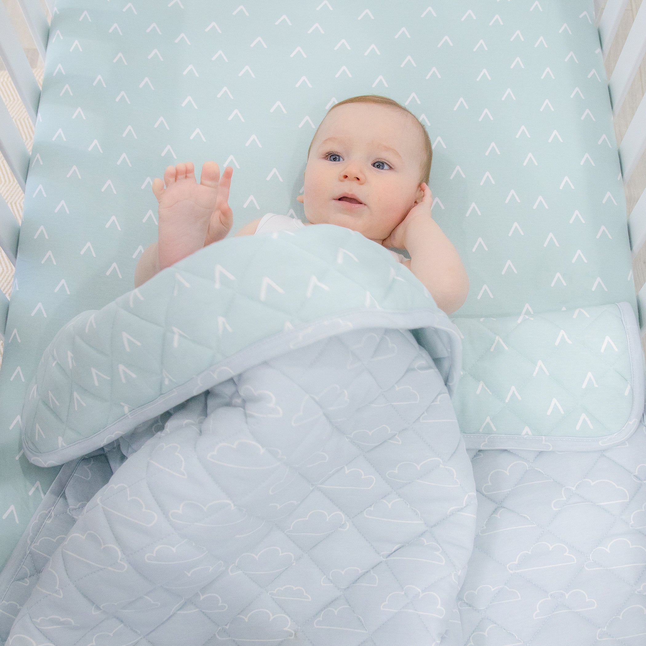 Nordic Reversible Cot Quilt/Playmat Dusty Sky/Mint